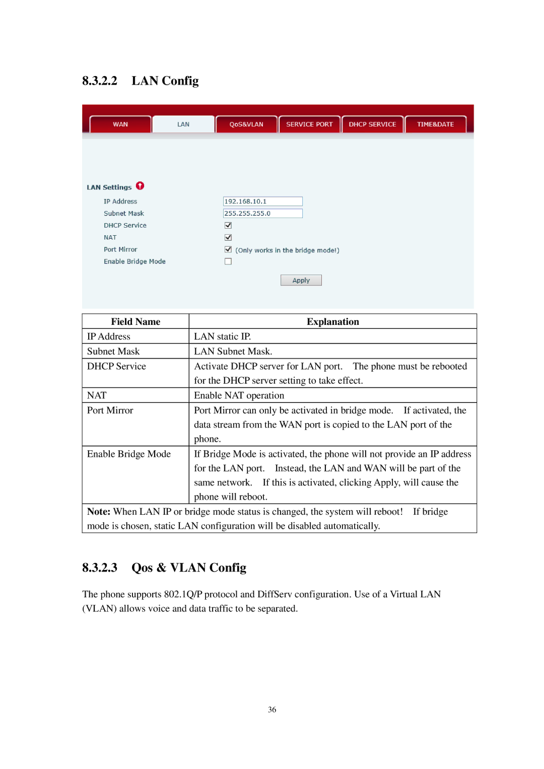 Cortelco C62 user manual LAN Config, Qos & Vlan Config, Nat 