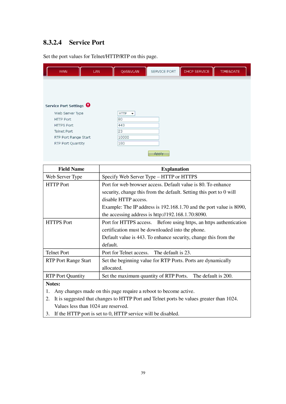 Cortelco C62 user manual Service Port, Field Name Explanation 