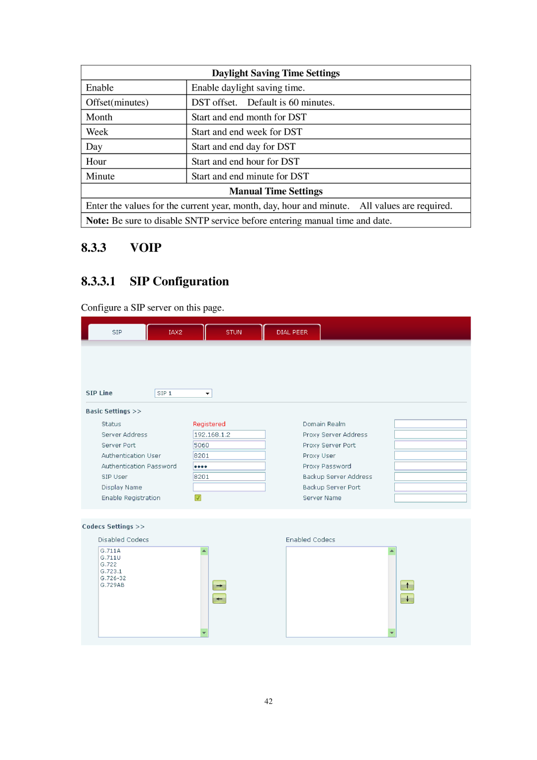 Cortelco C62 user manual Voip SIP Configuration, Daylight Saving Time Settings, Manual Time Settings 