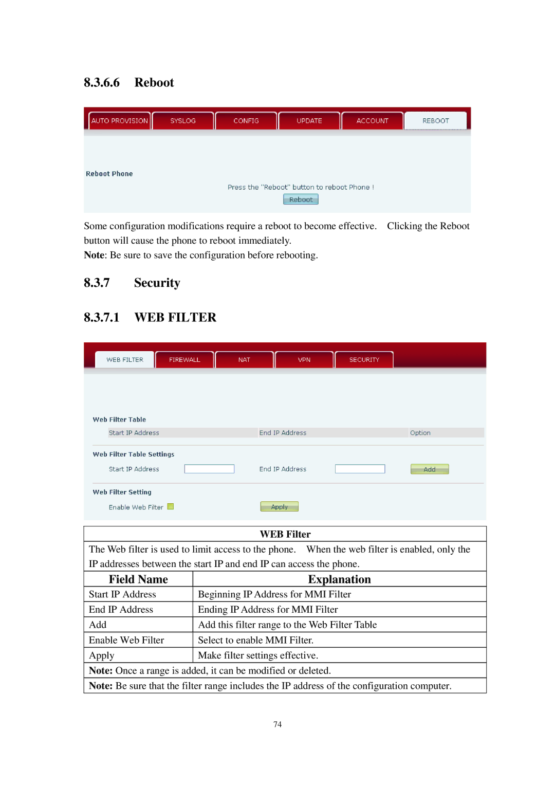 Cortelco C62 user manual Reboot, Security WEB Filter 