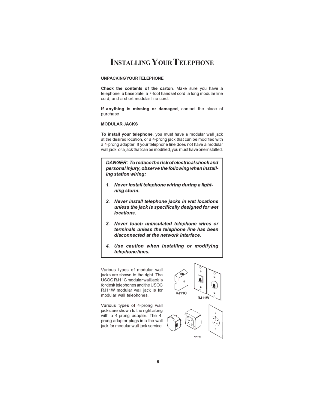 Cortelco CENTURION instruction manual Installingyourtelephone, Unpackingyourtelephone, Modular Jacks 