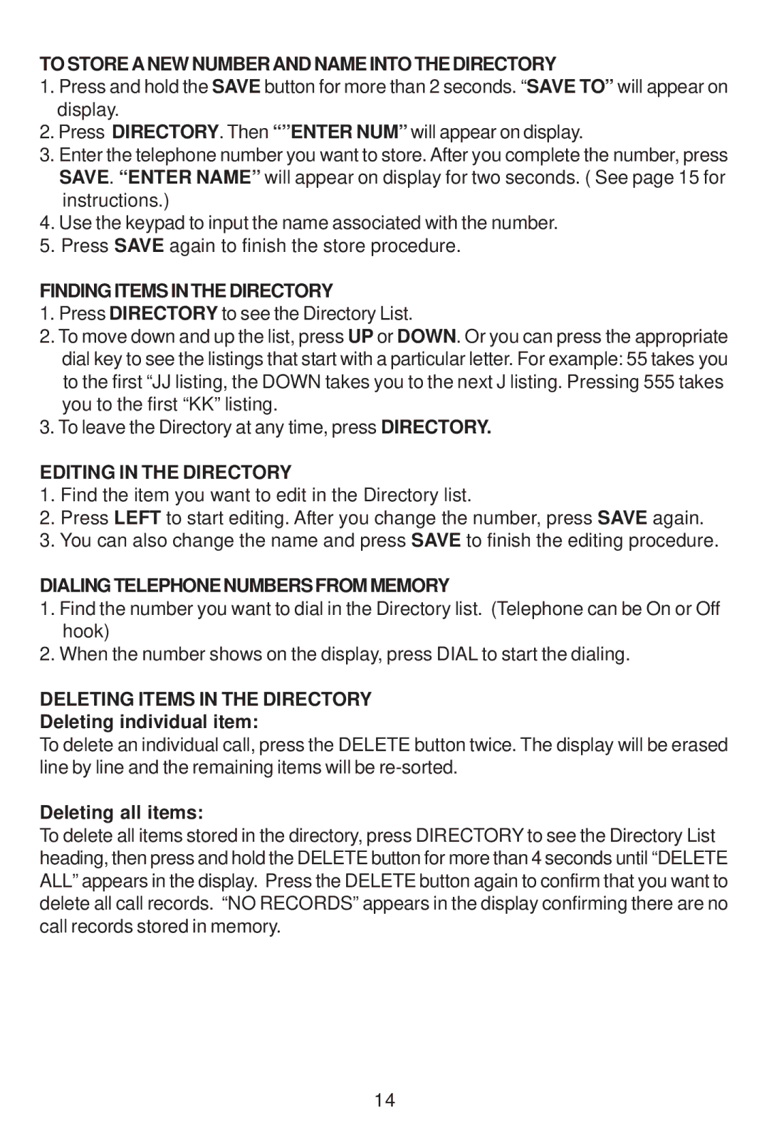 Cortelco Colleague instruction manual To Store a NEW Number and Name Into the Directory, Finding Items in the Directory 