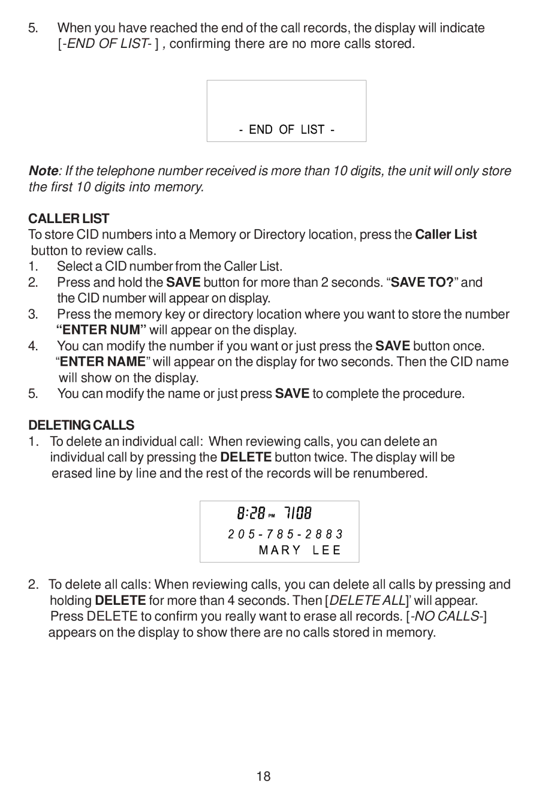 Cortelco Colleague instruction manual Caller List, Deleting Calls 