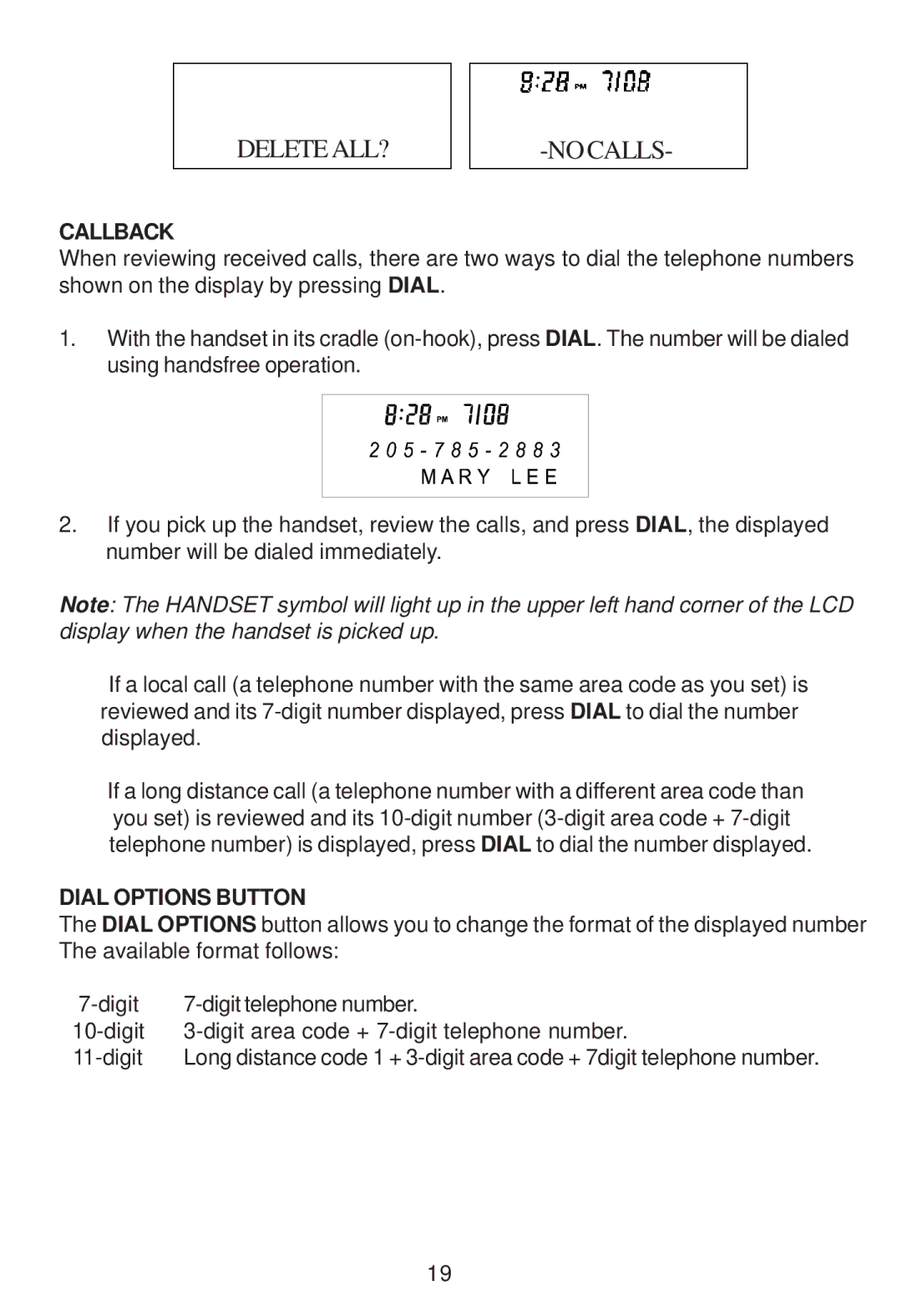 Cortelco Colleague instruction manual Callback, Dial Options Button 