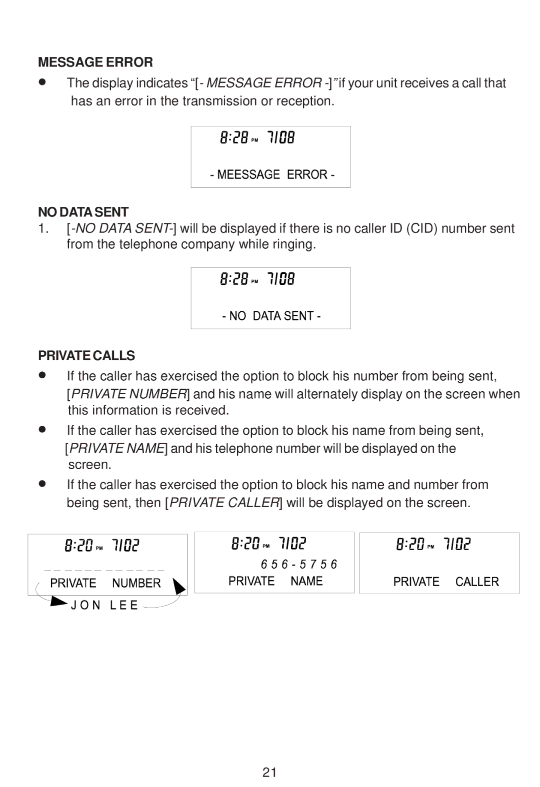 Cortelco Colleague instruction manual Message Error, No Data Sent, Private Calls 