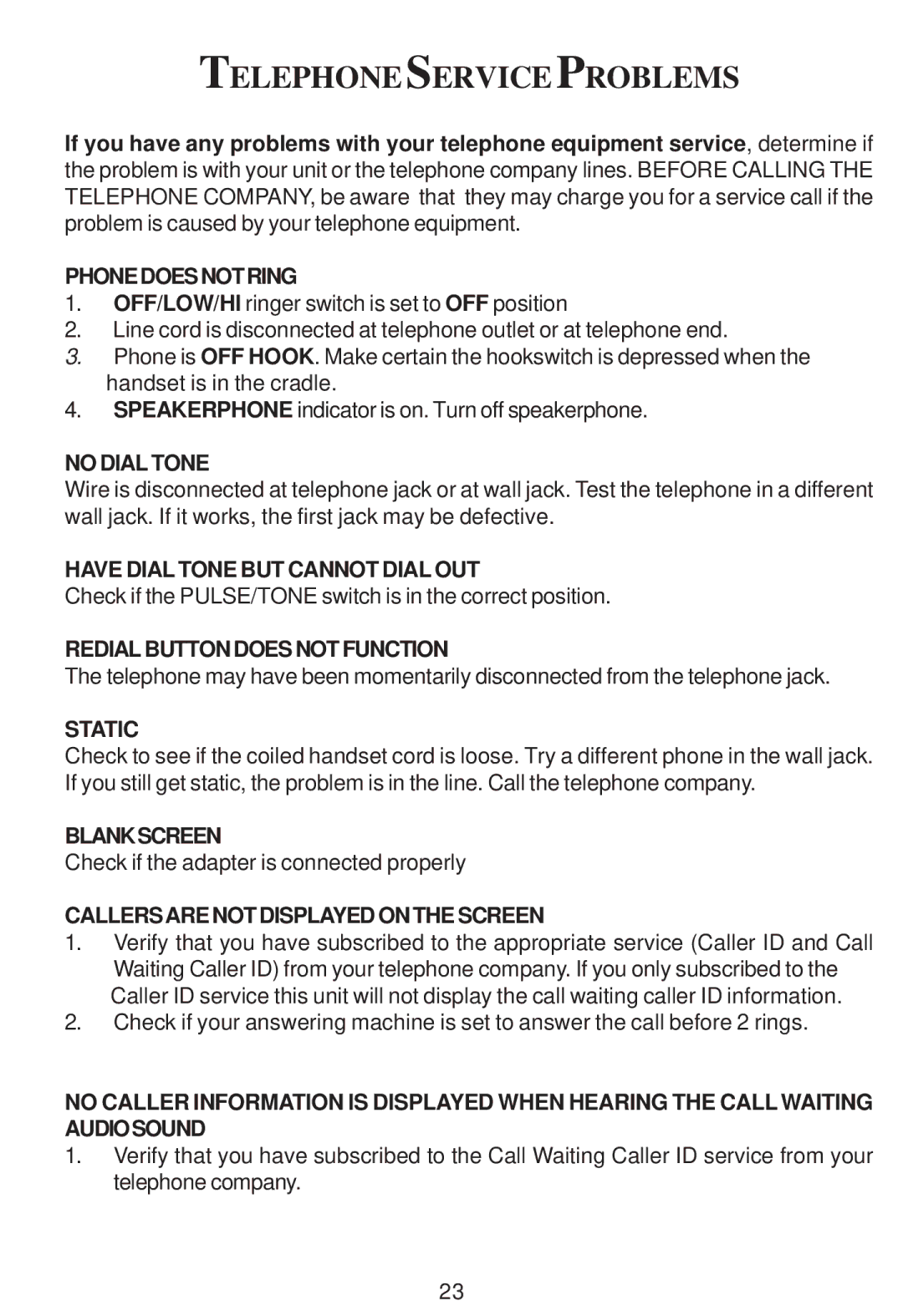 Cortelco Colleague instruction manual Telephoneserviceproblems 