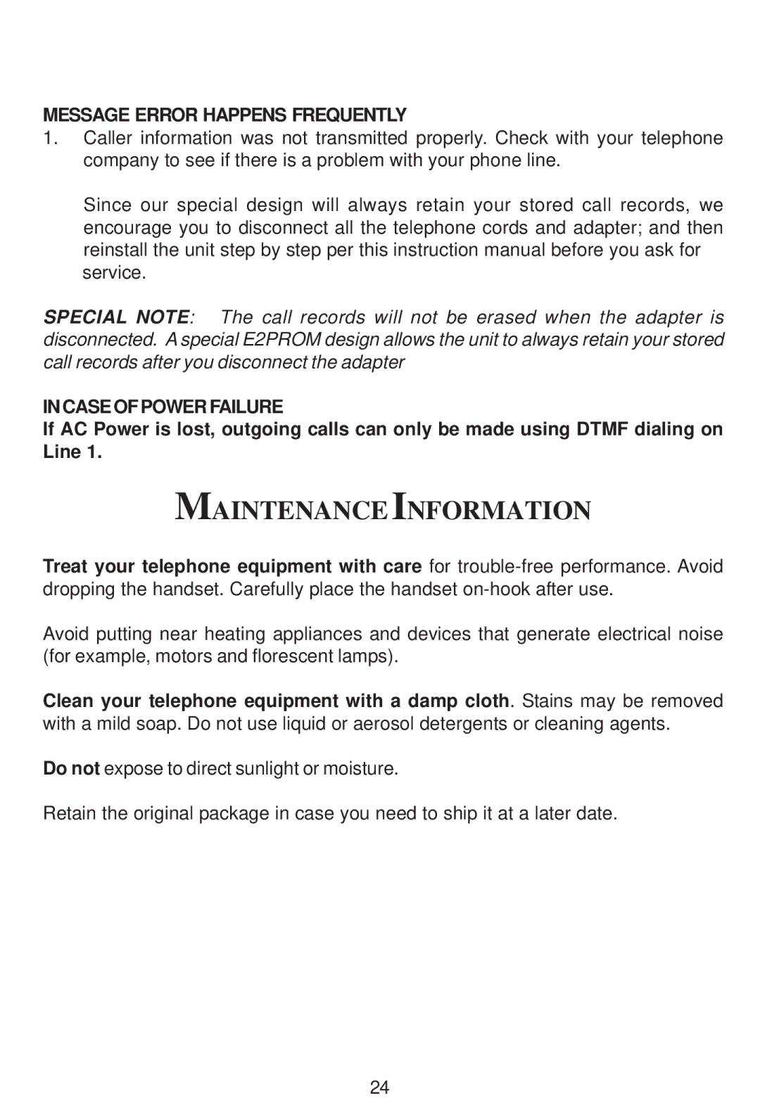 Cortelco Colleague instruction manual Maintenance Information, Message Error Happens Frequently, Incaseofpowerfailure 