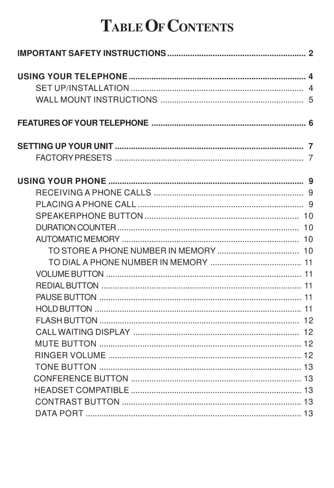 Cortelco Colleague instruction manual Table of Contents 