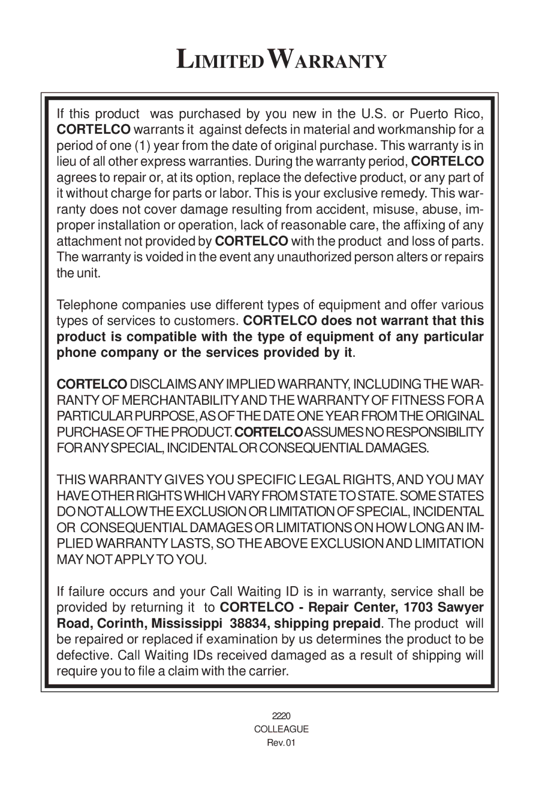 Cortelco Colleague instruction manual Limitedwarranty 