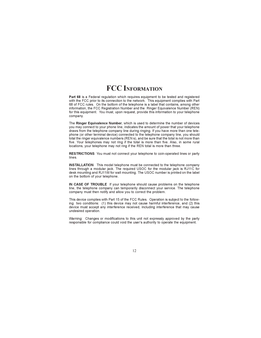 Cortelco CONF410PAK instruction manual FCC Information 