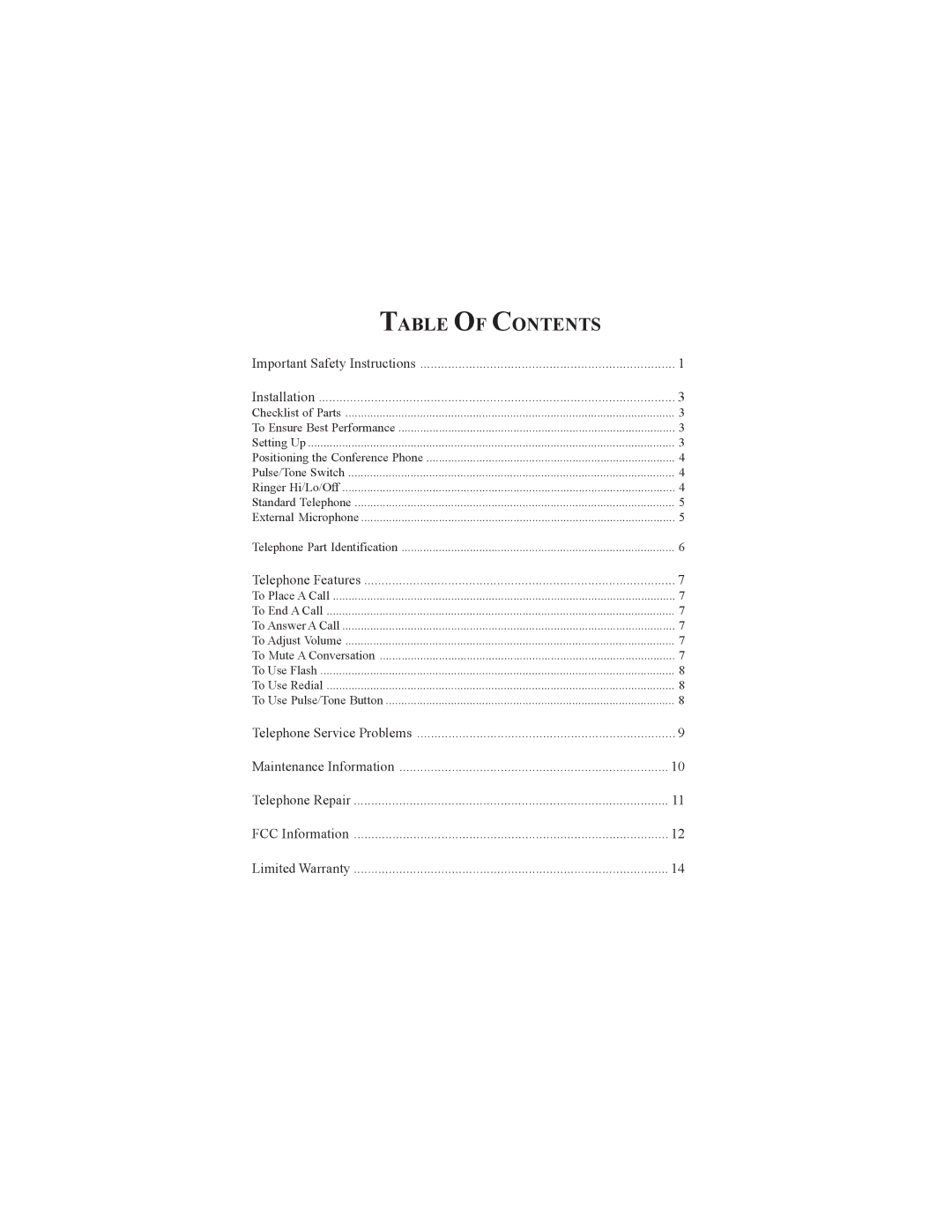 Cortelco CONF410PAK instruction manual Table of Contents 