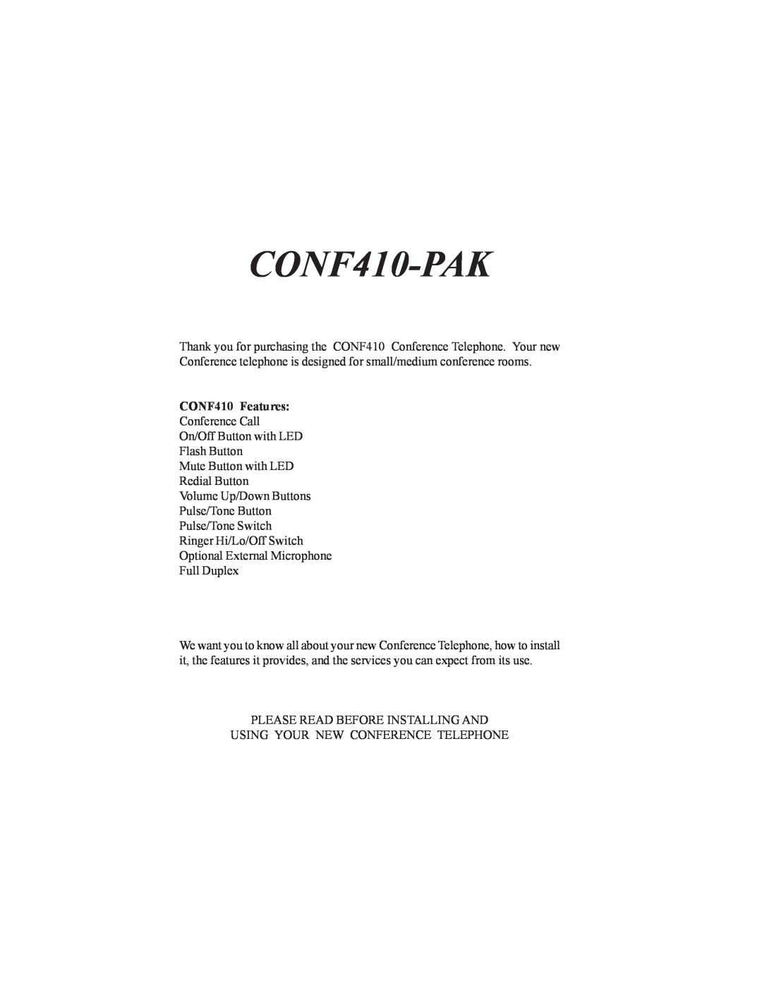 Cortelco CONF410PAK instruction manual CONF410 Features, CONF410-PAK 