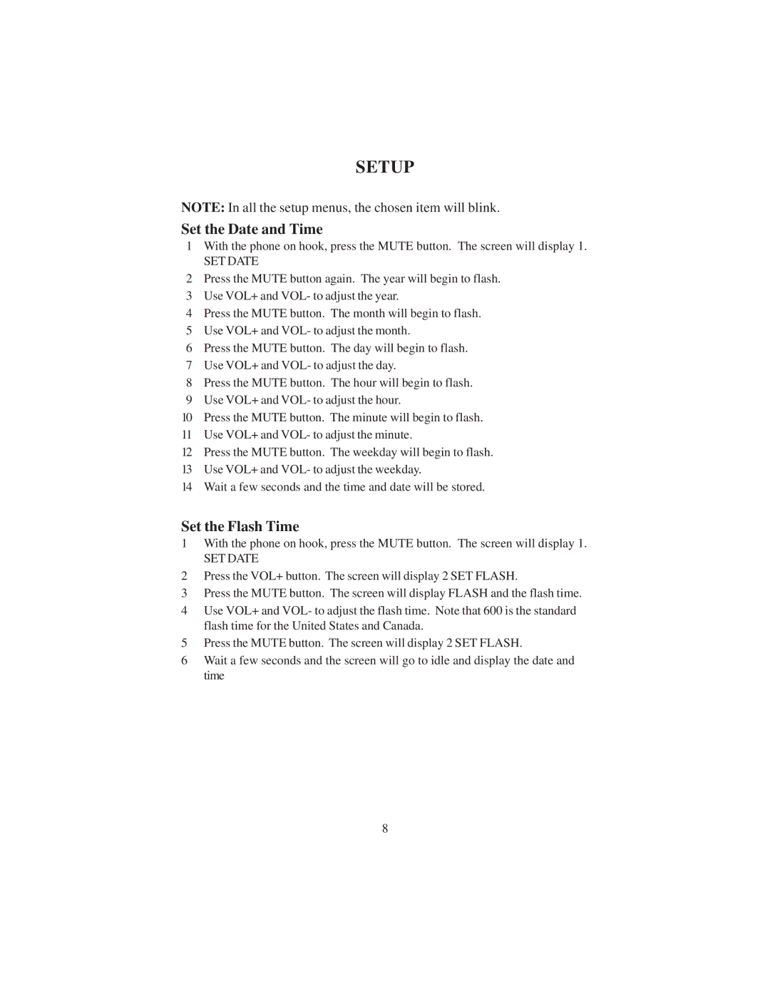 Cortelco CP4400 instruction manual Setup, Set the Date and Time, Set the Flash Time 