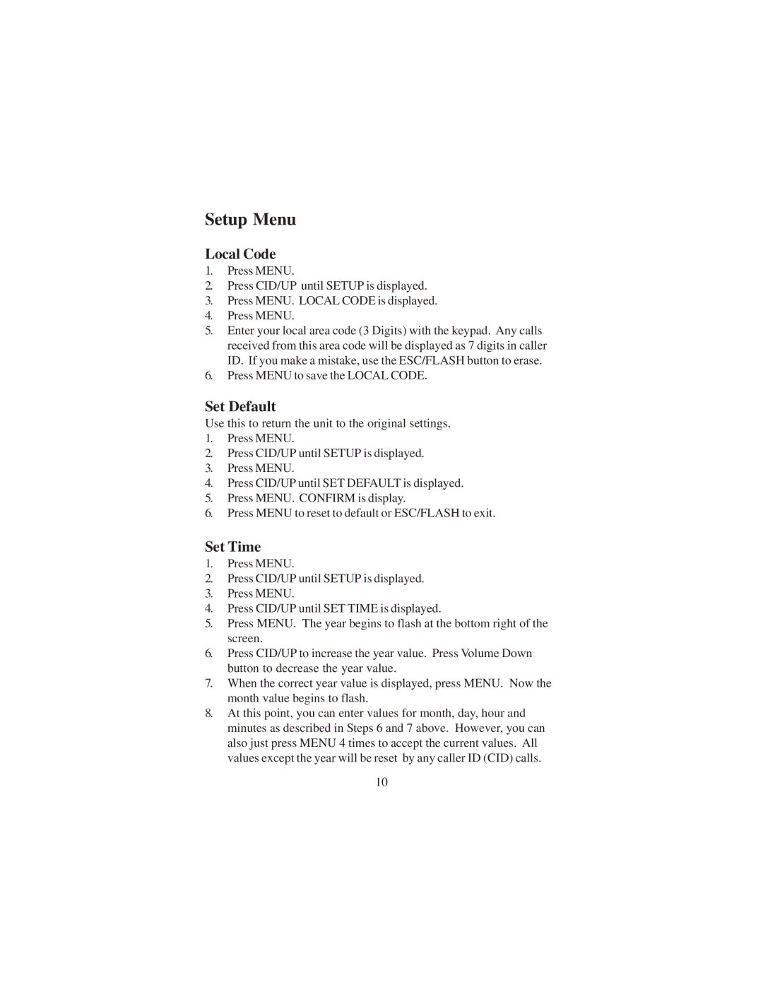 Cortelco DECT 6 instruction manual Setup Menu, Local Code, Set Default, Set Time 