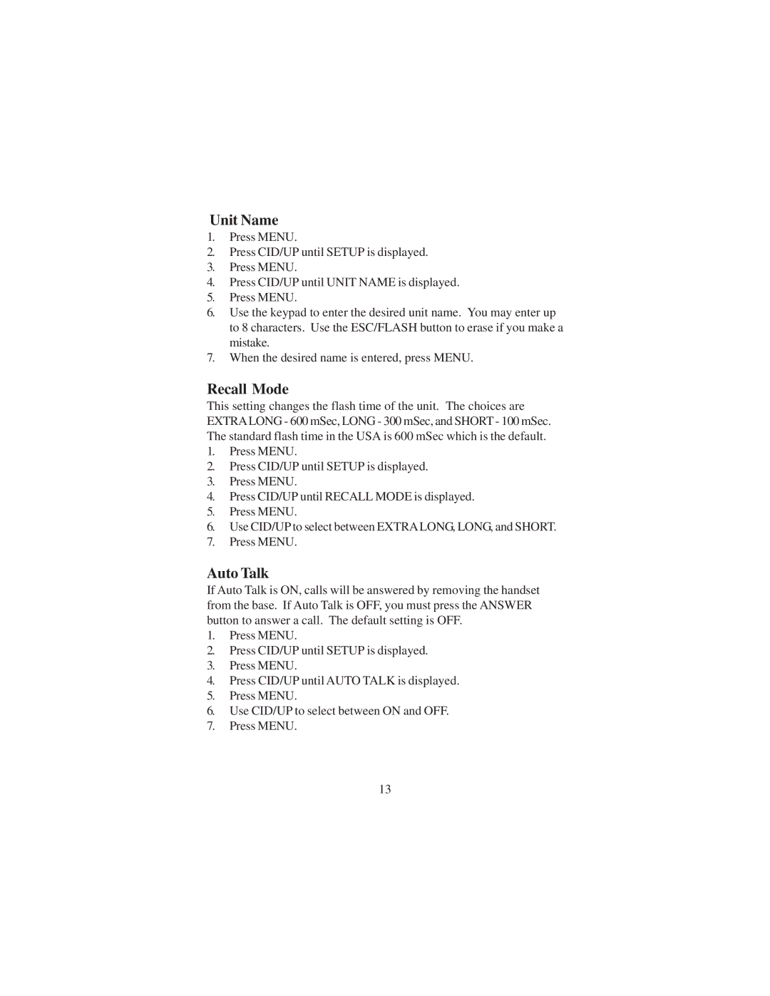 Cortelco DECT 6 instruction manual Unit Name, Recall Mode, Auto Talk 