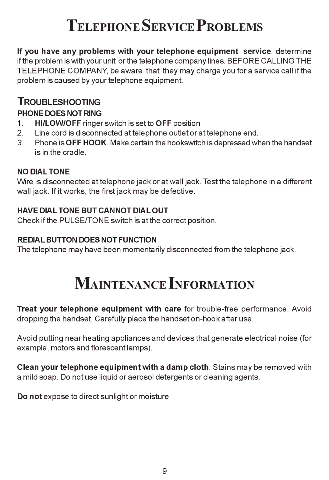 Cortelco ez TOUCH instruction manual Telephoneserviceproblems, Maintenance Information 