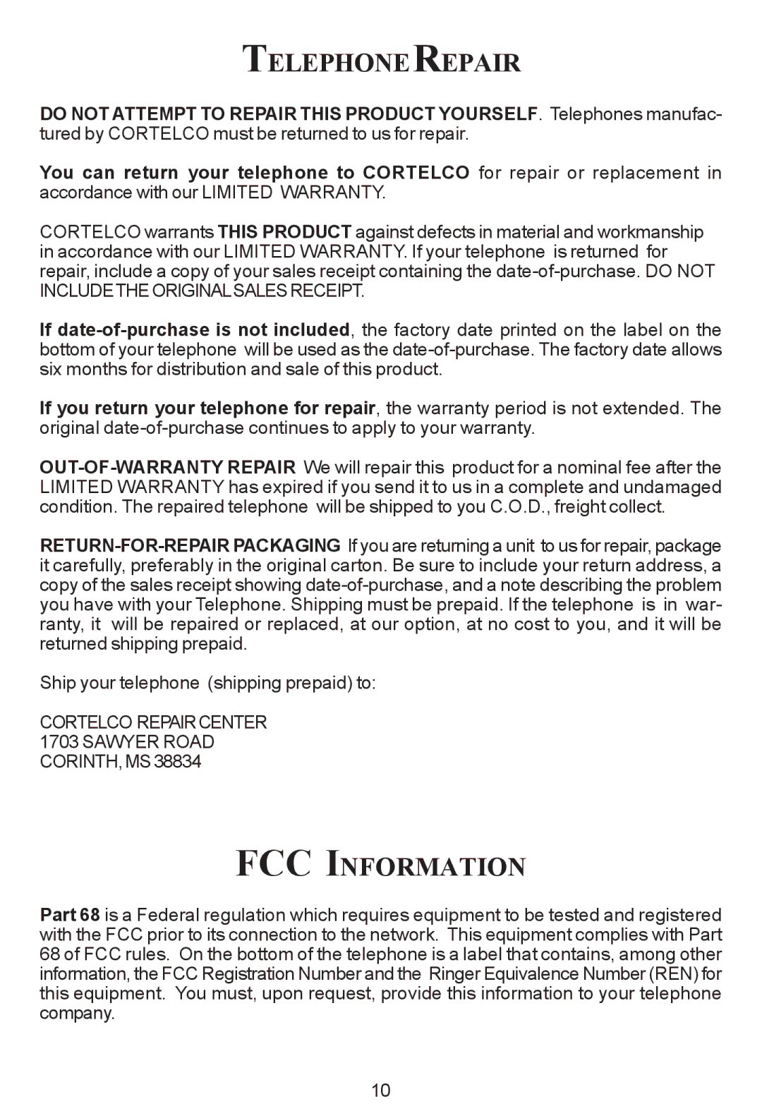 Cortelco ez TOUCH instruction manual Telephonerepair, FCC Information 