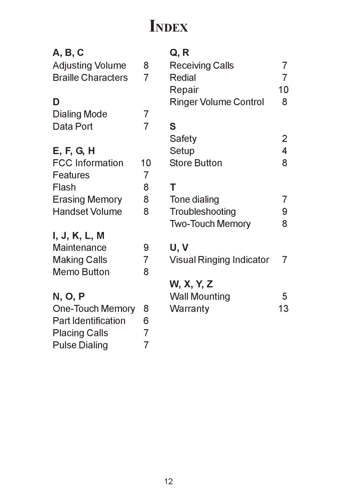 Cortelco ez TOUCH instruction manual Index, G, H 