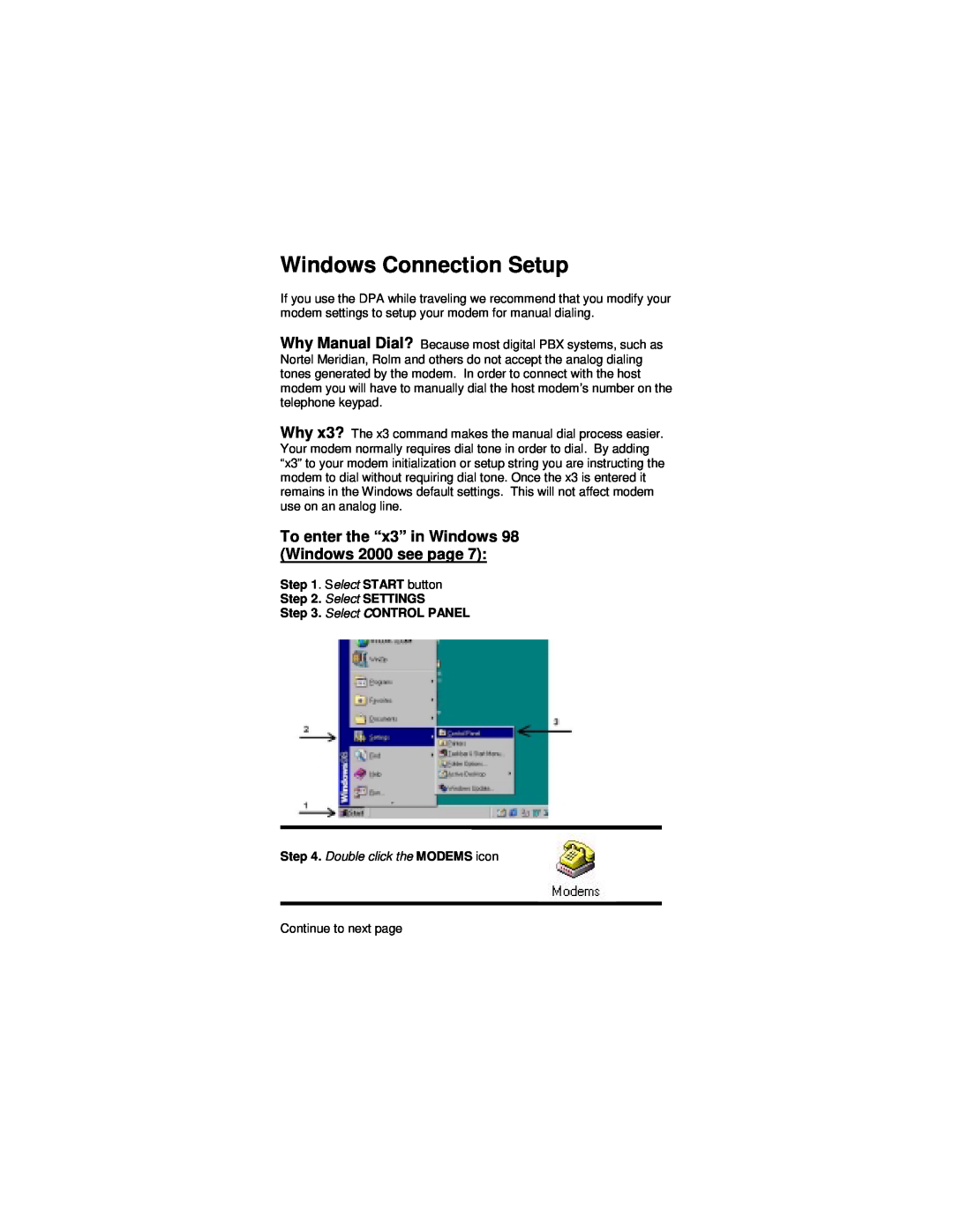 Cortelco network adaptor setup guide Windows Connection Setup, To enter the “x3” in Windows 98 Windows 2000 see page 