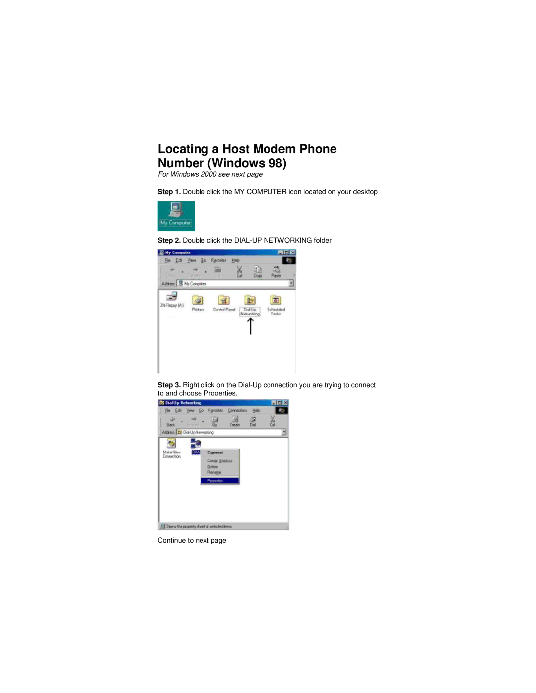 Cortelco network adaptor setup guide Locating a Host Modem Phone Number Windows, For Windows 2000 see next 