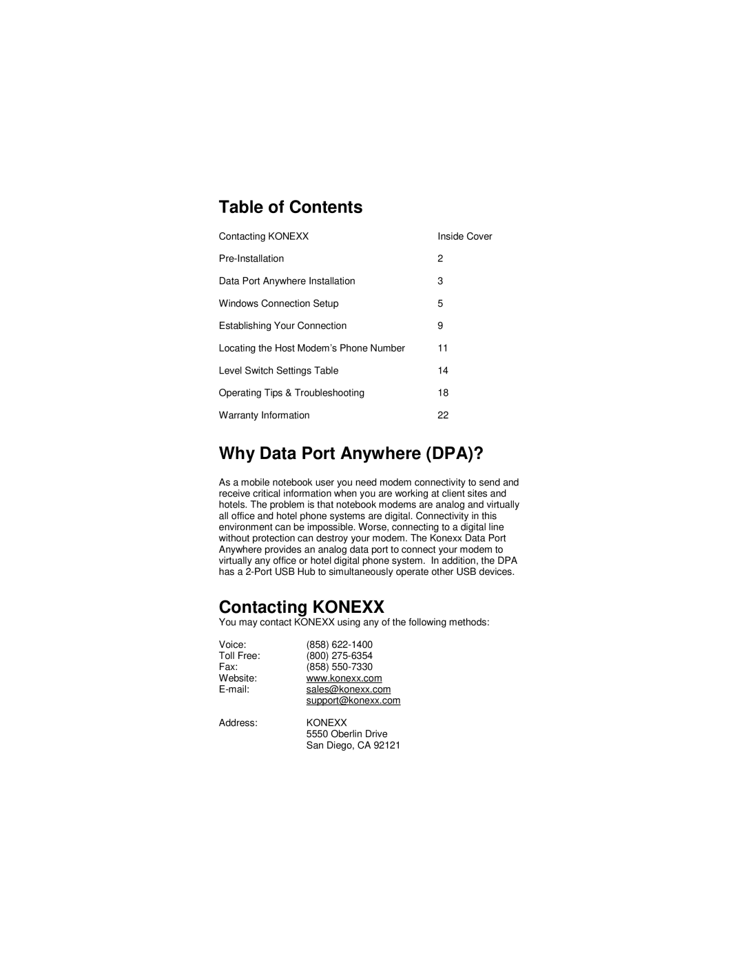 Cortelco network adaptor setup guide Table of Contents, Why Data Port Anywhere DPA?, Contacting Konexx 