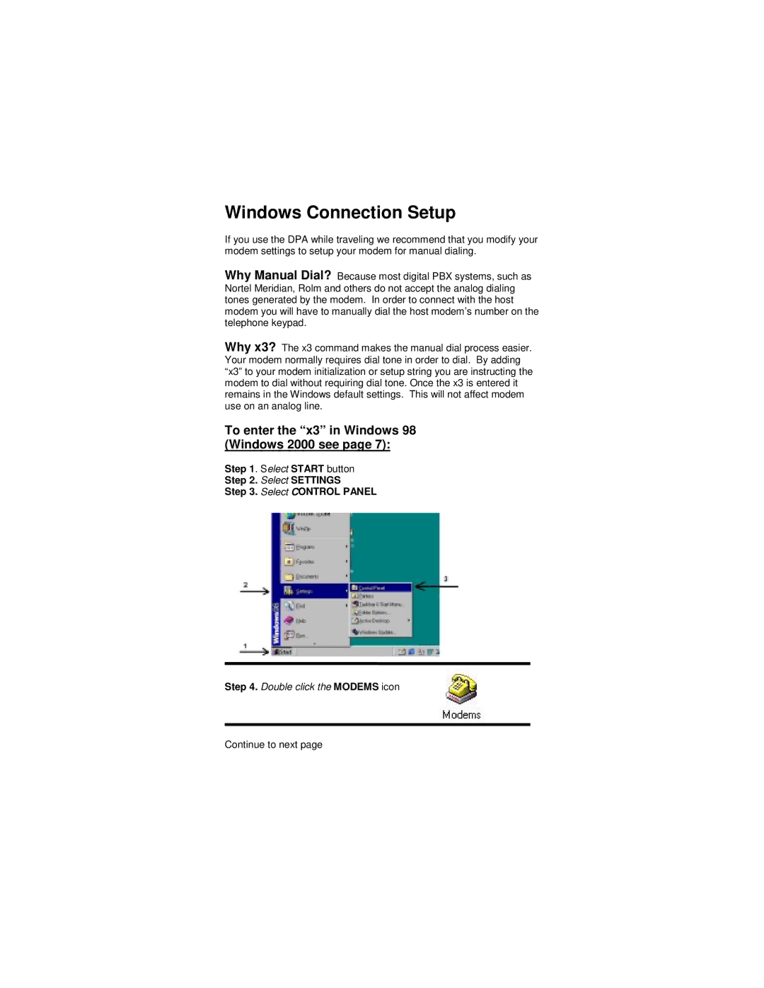 Cortelco network adaptor setup guide Windows Connection Setup, To enter the x3 in Windows 98 Windows 2000 see 