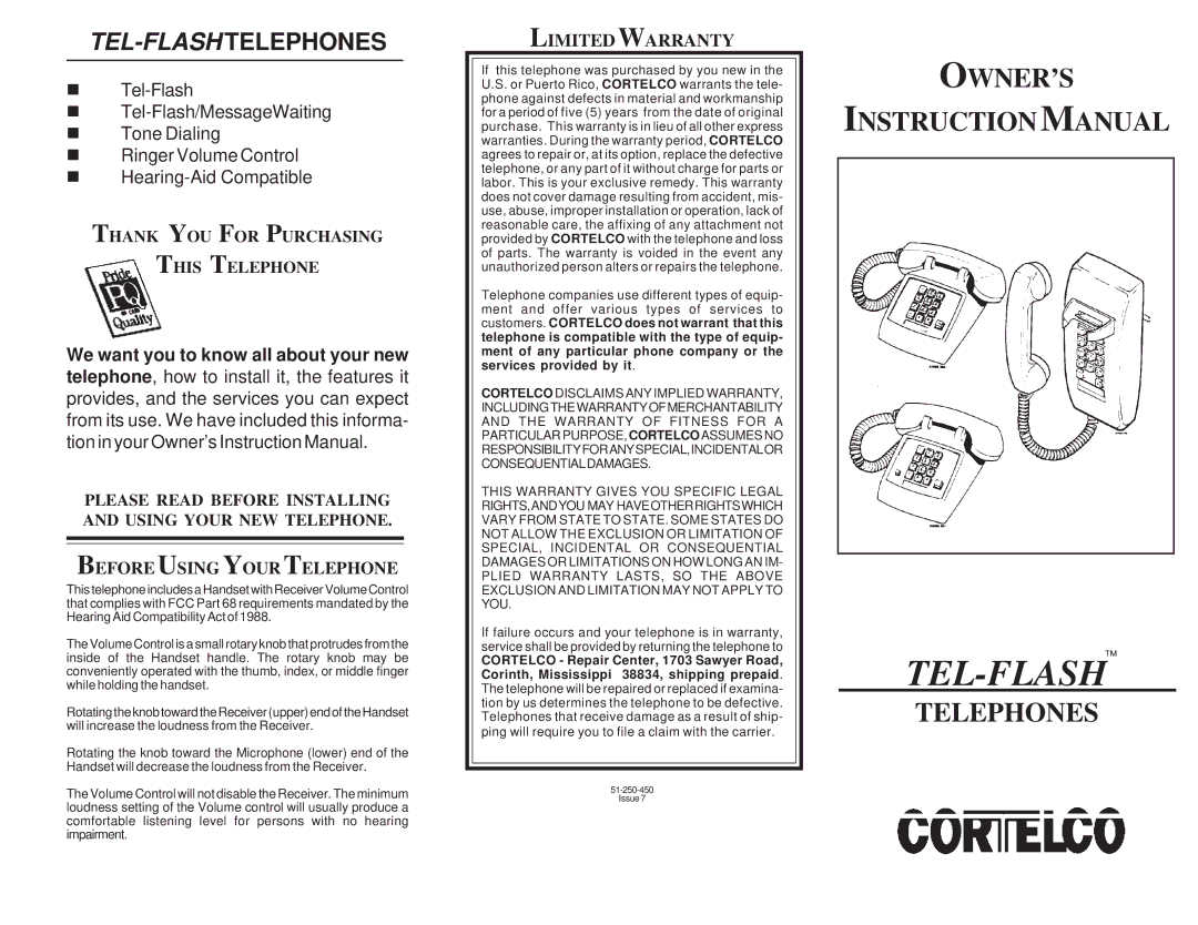 Cortelco Tel-Flash instruction manual TEL-FLASH Telephones, Limitedwarranty 