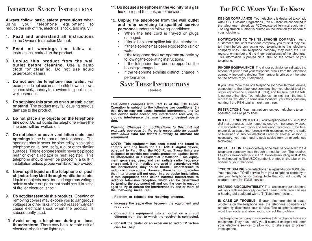 Cortelco Tel-Flash instruction manual Save Theseinstructions, Important Safety Instructions 