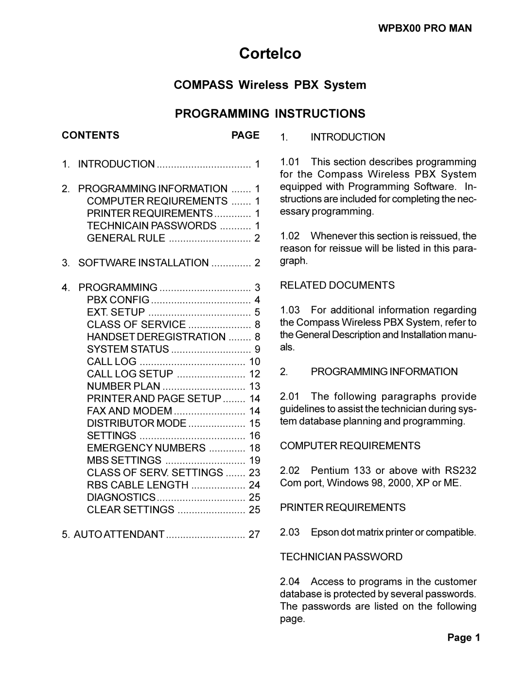 Cortelco WPBX00 PRO MAN installation manual Cortelco 