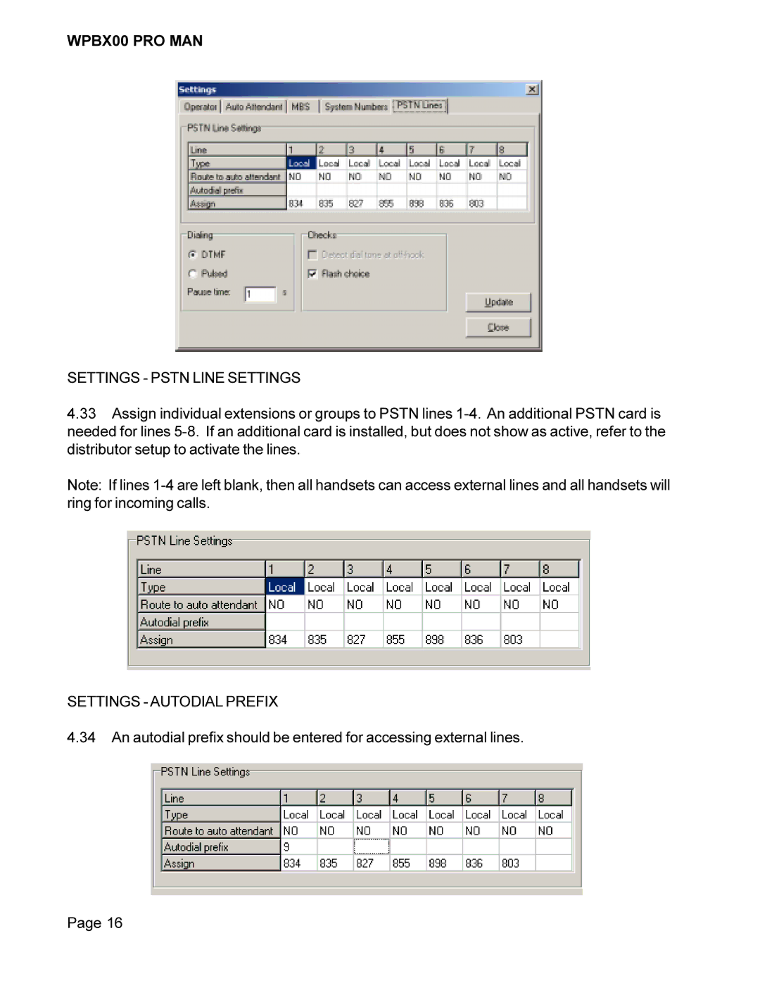 Cortelco WPBX00 PRO MAN installation manual Settings Pstn Line Settings, Settings Autodial Prefix 