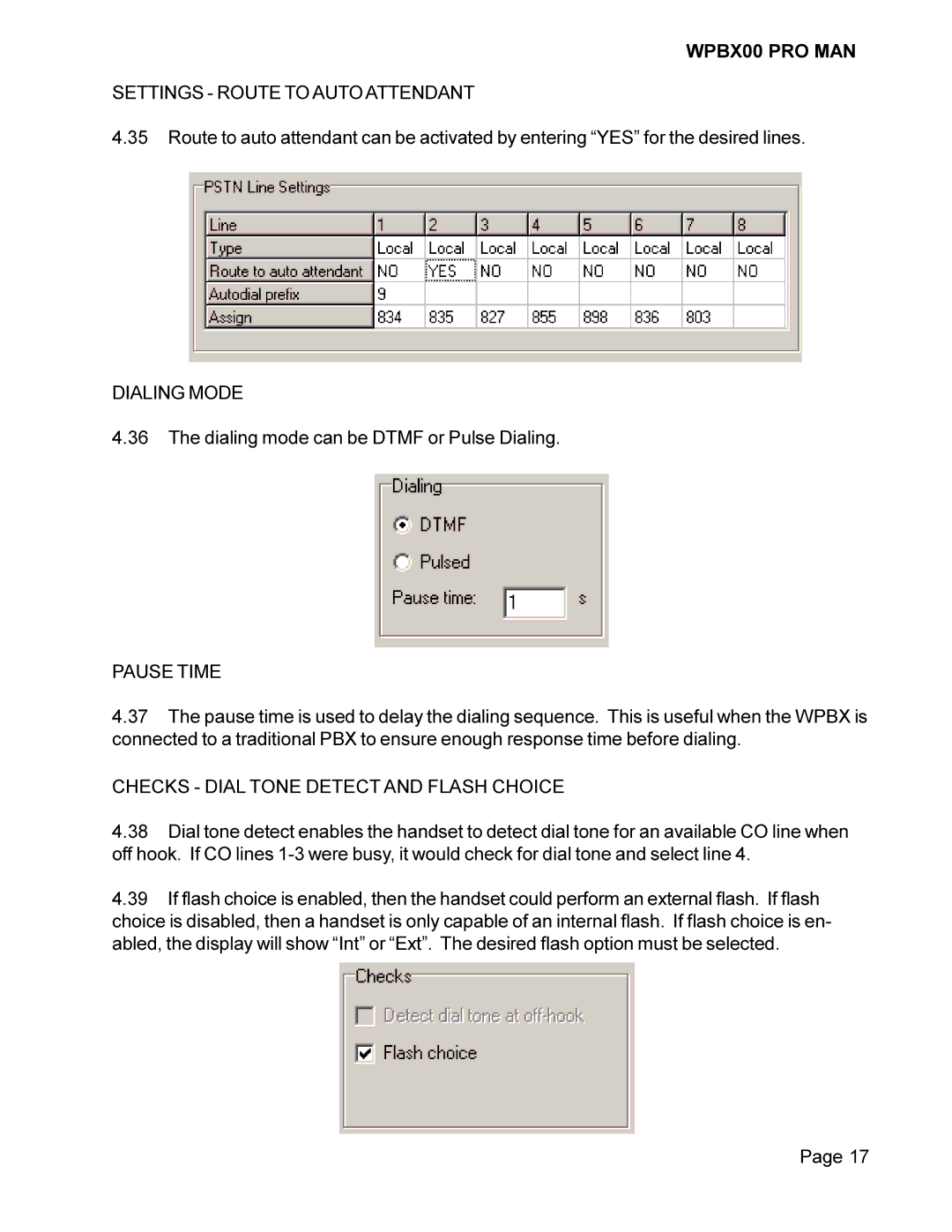 Cortelco WPBX00 PRO MAN installation manual Settings Route to Auto Attendant, Dialing Mode, Pause Time 