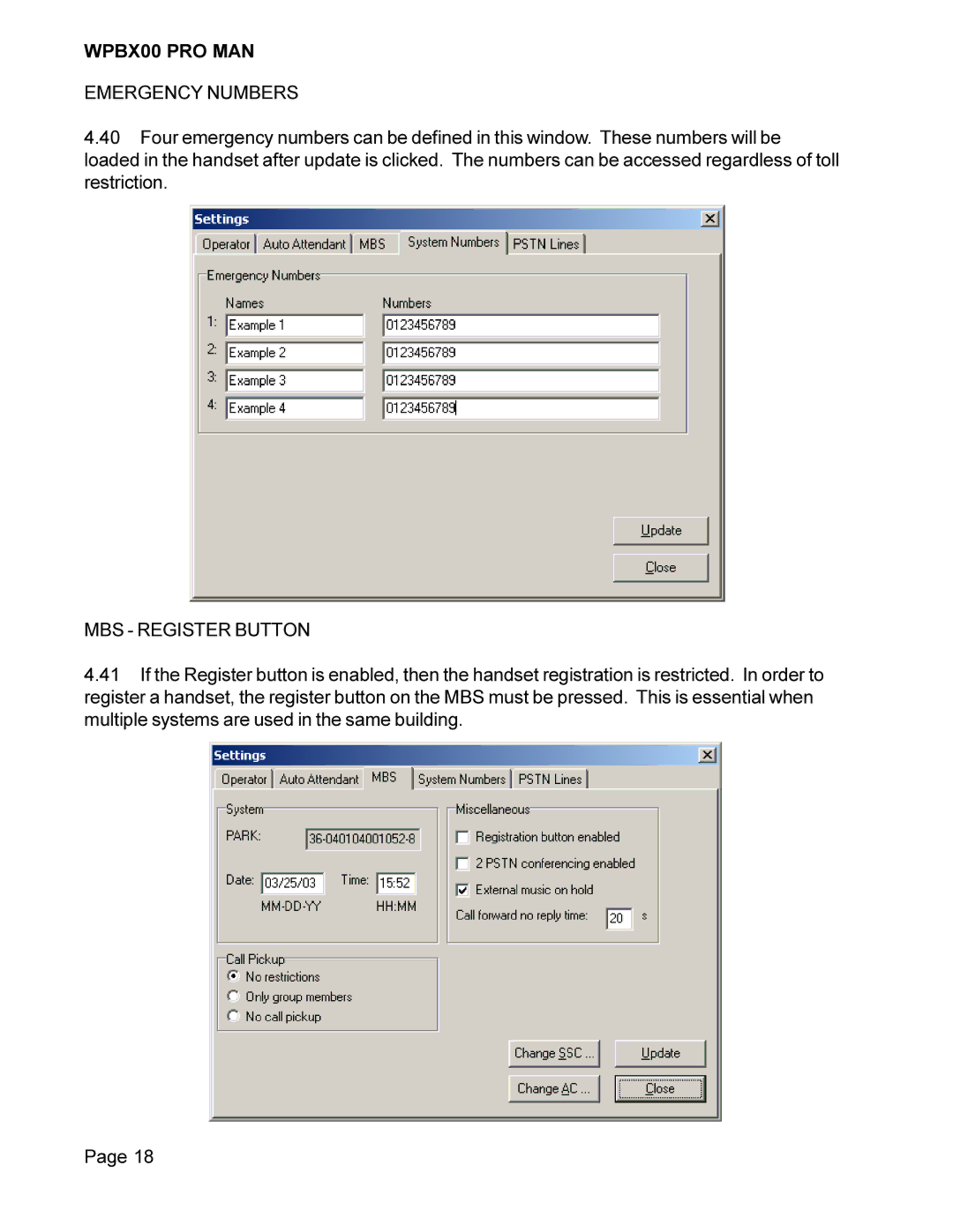 Cortelco WPBX00 PRO MAN installation manual Emergency Numbers, MBS Register Button 