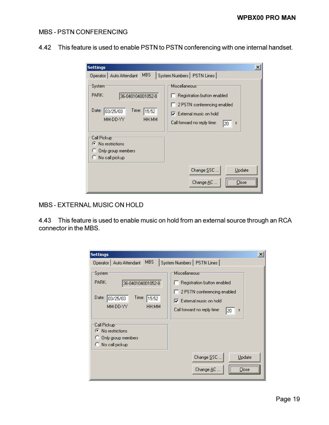 Cortelco WPBX00 PRO MAN installation manual MBS Pstn Conferencing, MBS External Music on Hold 