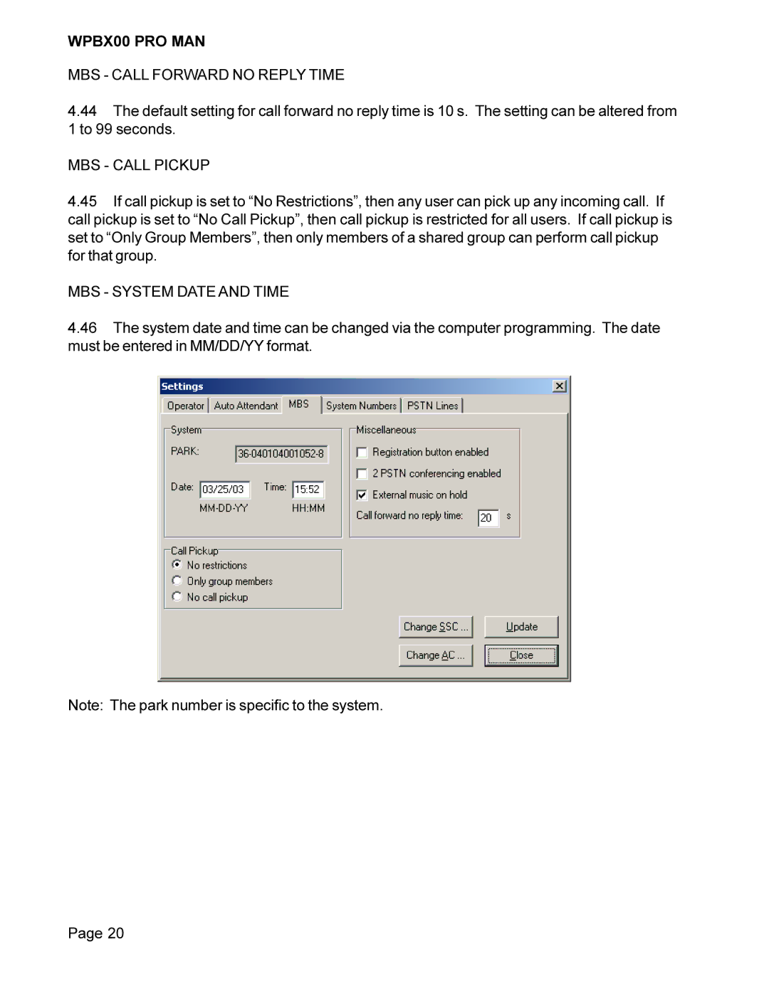 Cortelco WPBX00 PRO MAN installation manual MBS Call Forward no Reply Time, MBS Call Pickup, MBS System Date and Time 