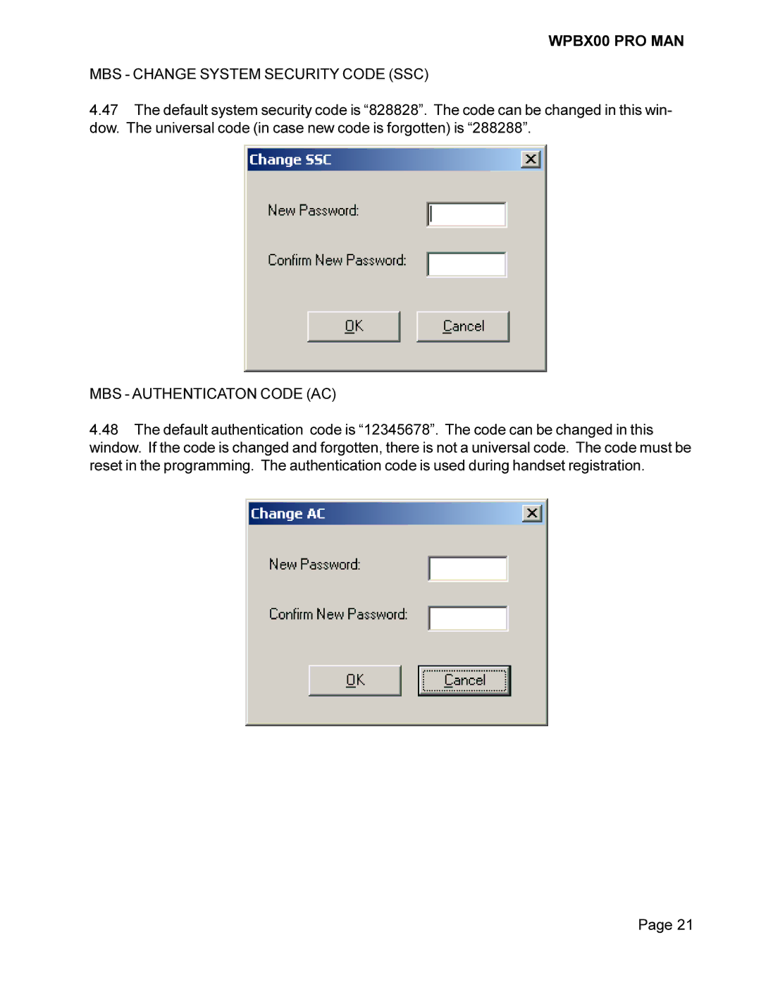 Cortelco WPBX00 PRO MAN installation manual MBS Change System Security Code SSC, MBS Authenticaton Code AC 