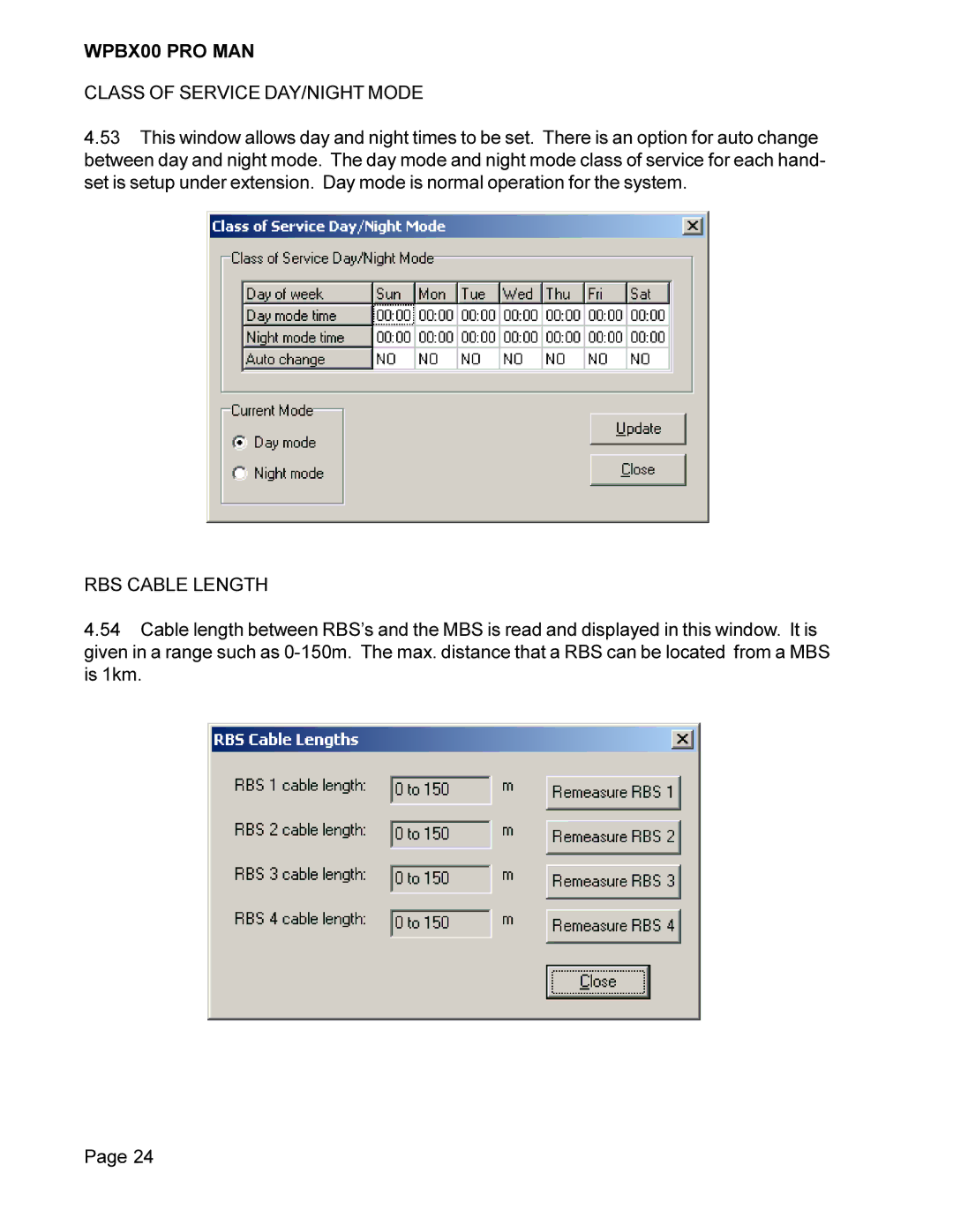 Cortelco WPBX00 PRO MAN installation manual Class of Service DAY/NIGHT Mode, RBS Cable Length 