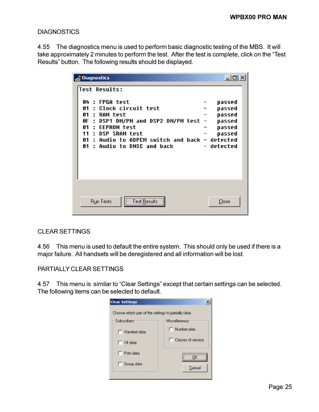 Cortelco WPBX00 PRO MAN installation manual Diagnostics, Partially Clear Settings 