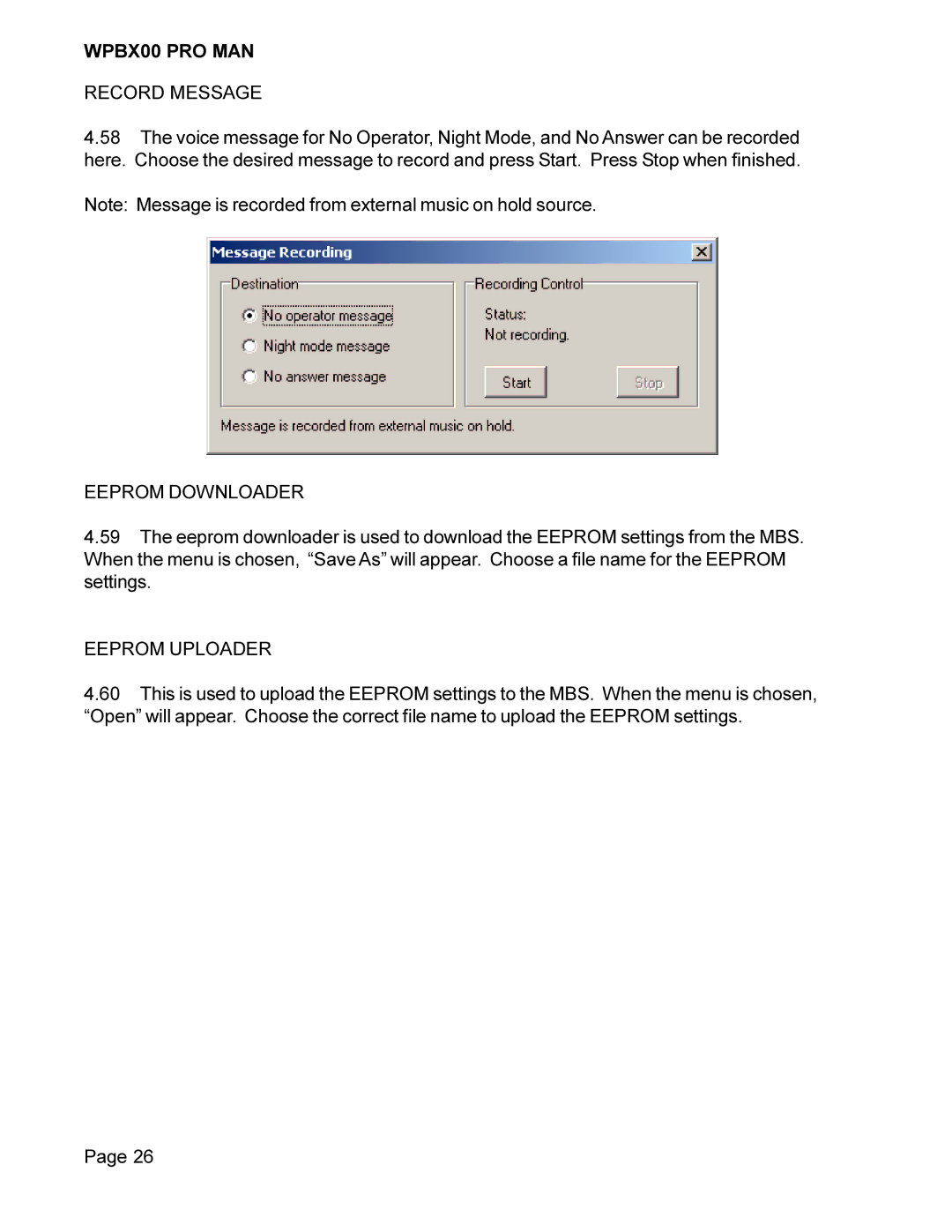 Cortelco WPBX00 PRO MAN installation manual Record Message, Eeprom Downloader, Eeprom Uploader 