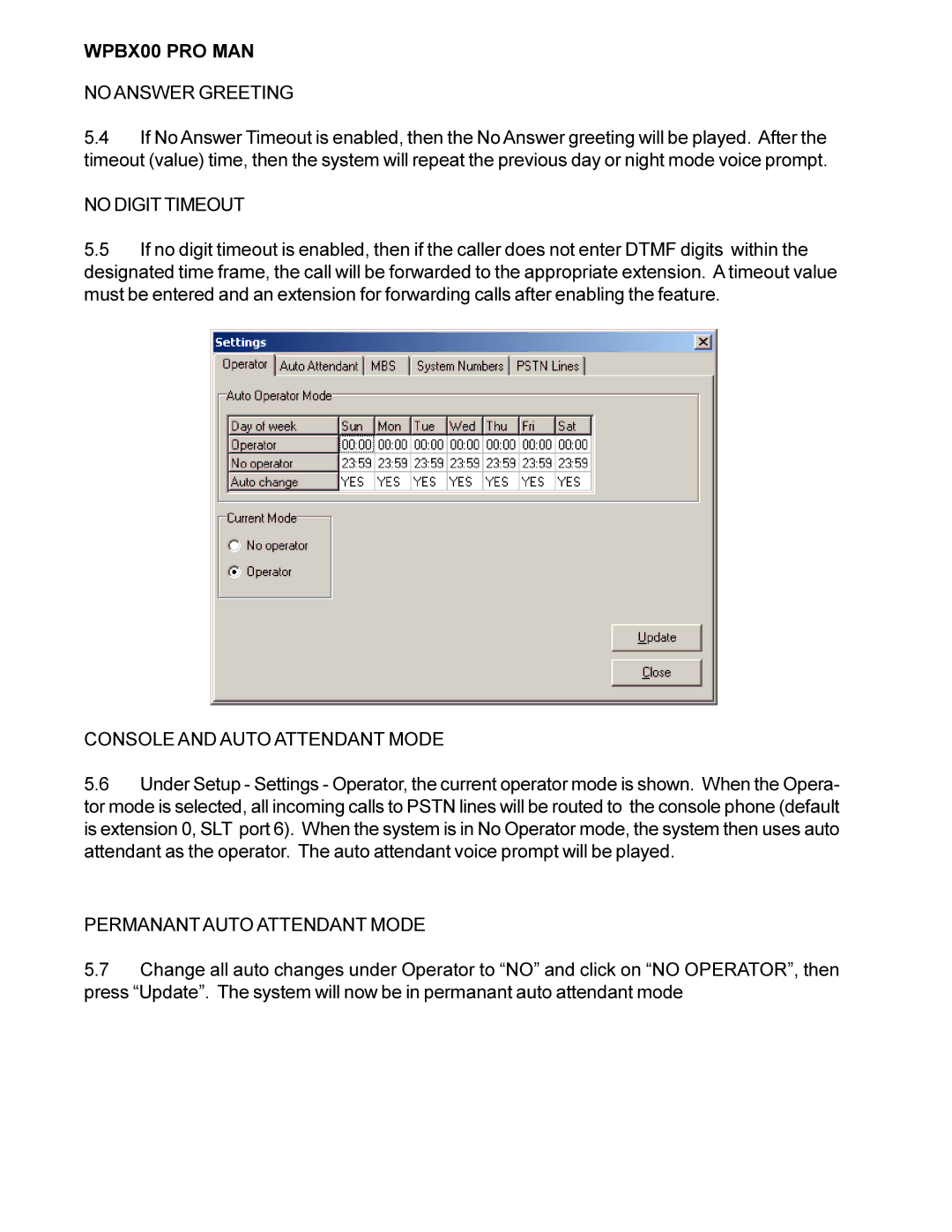 Cortelco WPBX00 PRO MAN installation manual No Answer Greeting, No Digit Timeout, Console and Auto Attendant Mode 