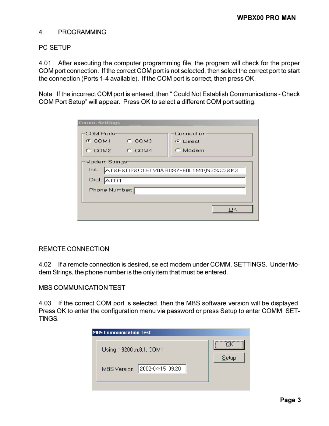 Cortelco WPBX00 PRO MAN installation manual Programming PC Setup, Remote Connection, MBS Communication Test, Tings 