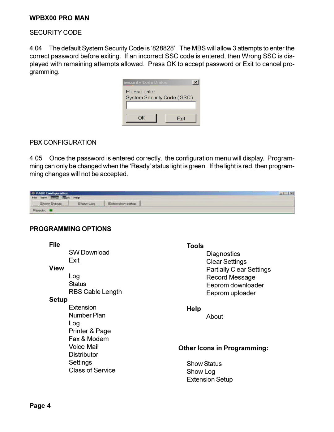 Cortelco WPBX00 PRO MAN installation manual Security Code, PBX Configuration 