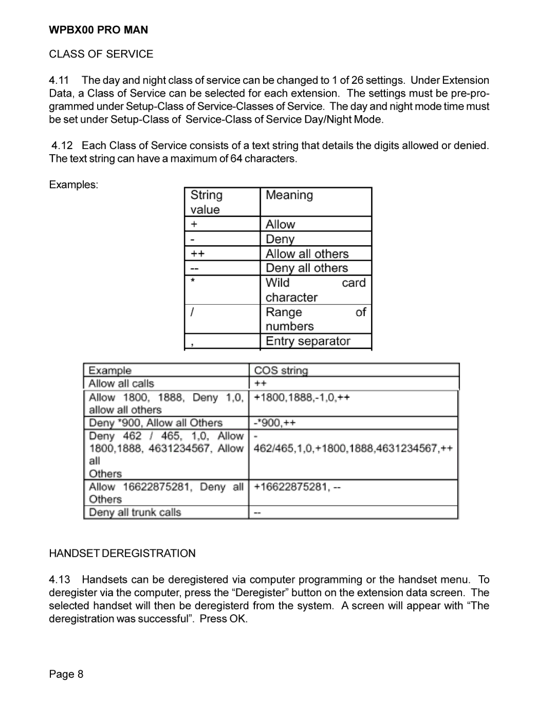 Cortelco WPBX00 PRO MAN installation manual Class of Service, Handset Deregistration 