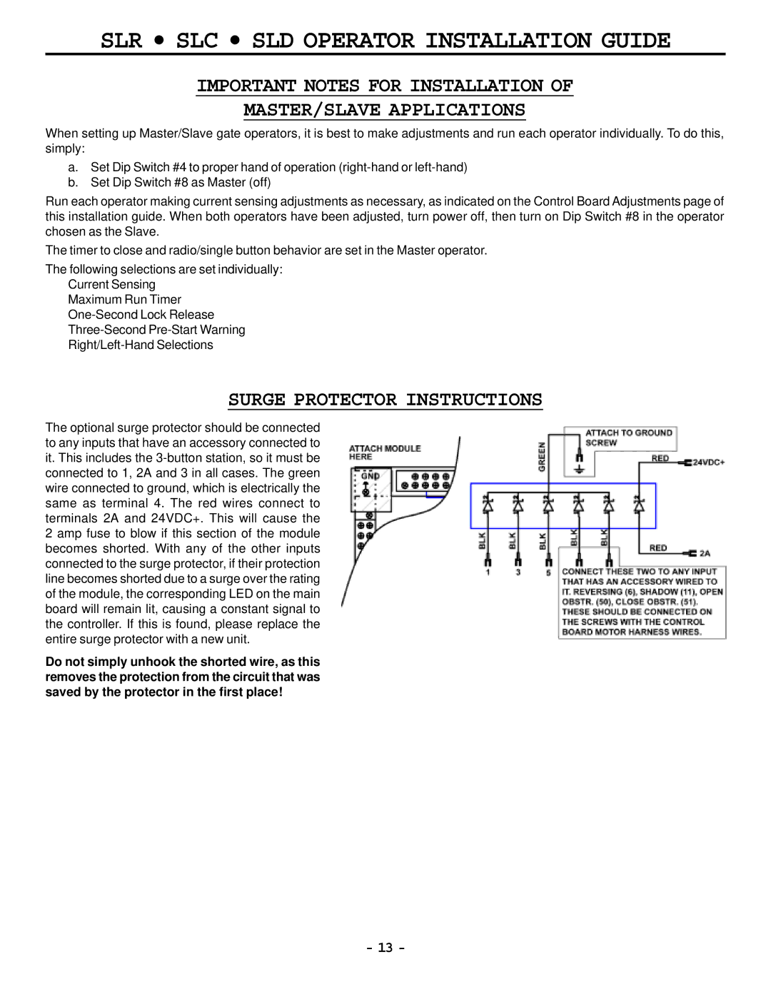 Cosco SLD, SLR, SLC manual Important Notes for Installation MASTER/SLAVE Applications, Surge Protector Instructions 