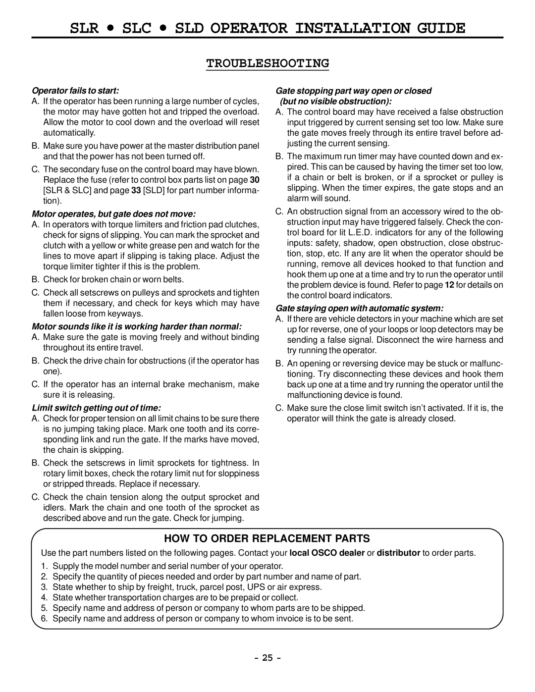 Cosco SLD, SLR, SLC manual Troubleshooting, Operator fails to start 