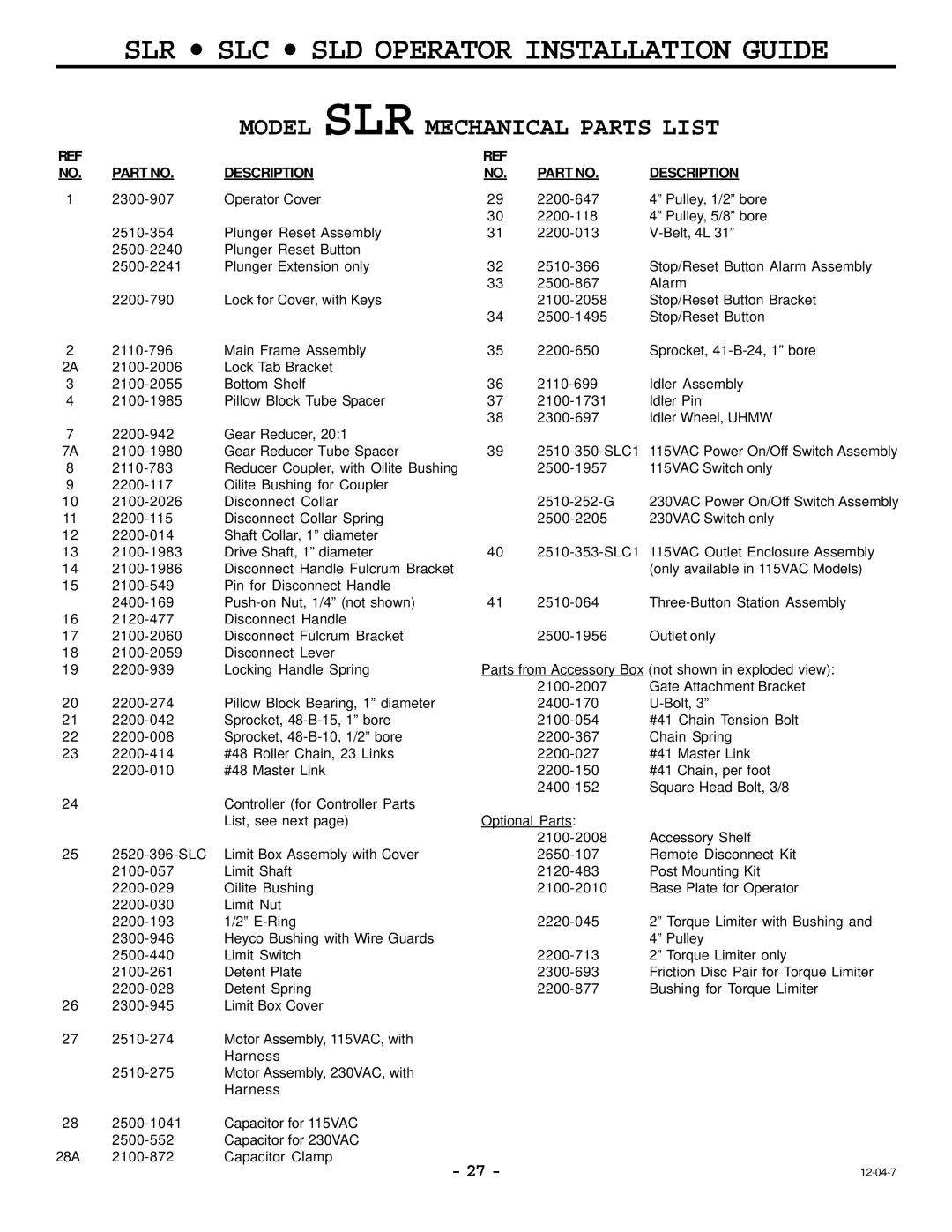 Cosco SLD, SLC manual Model SLR Mechanical Parts List, Description 