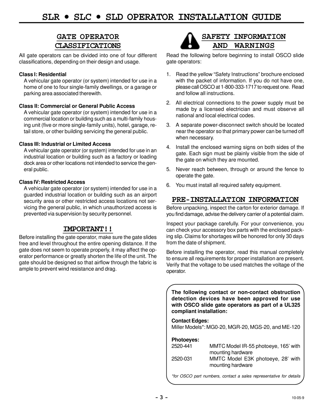 Cosco SLR, SLD, SLC manual Gate Operator Classifications, Safety Information, PRE-INSTALLATION Information 