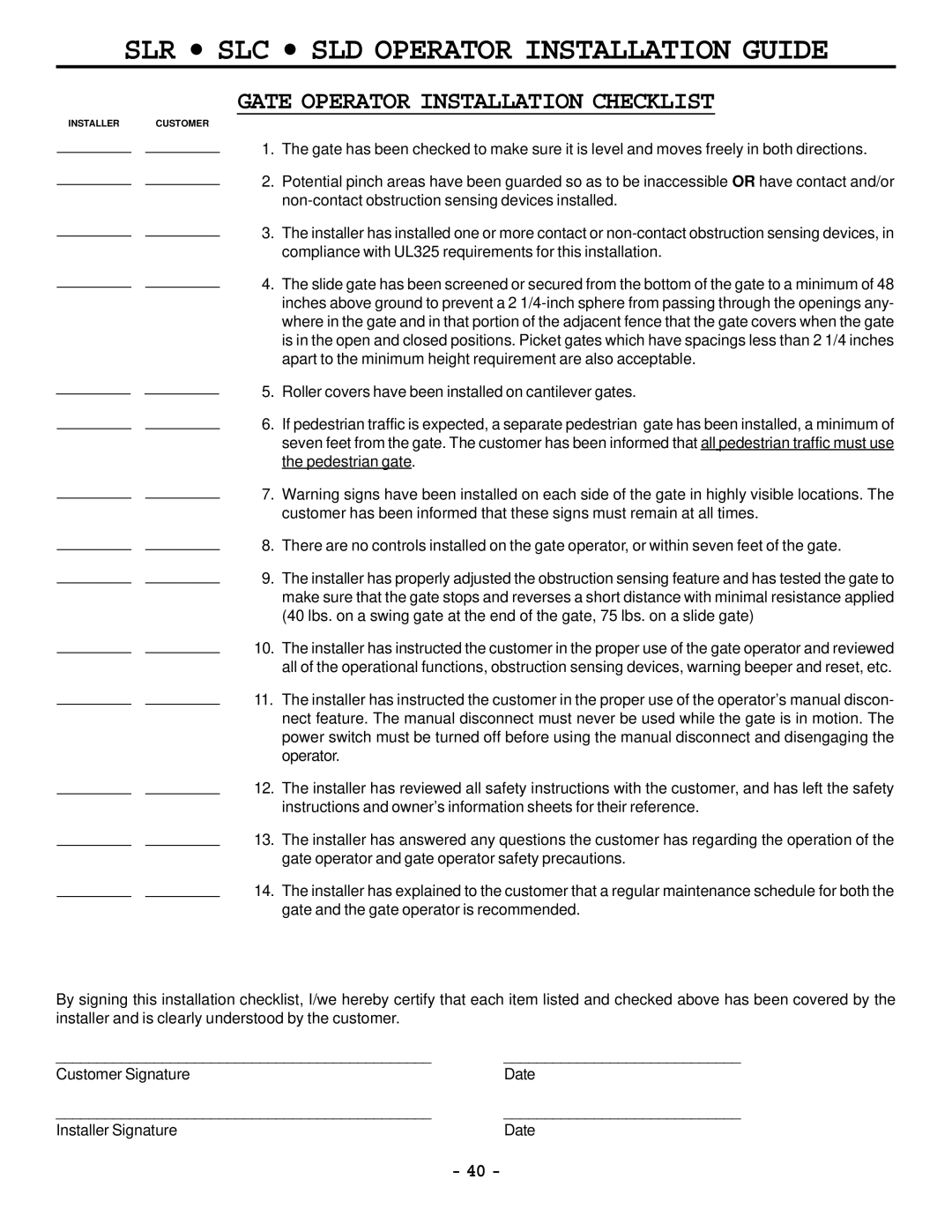 Cosco SLD, SLR, SLC manual Gate Operator Installation Checklist 