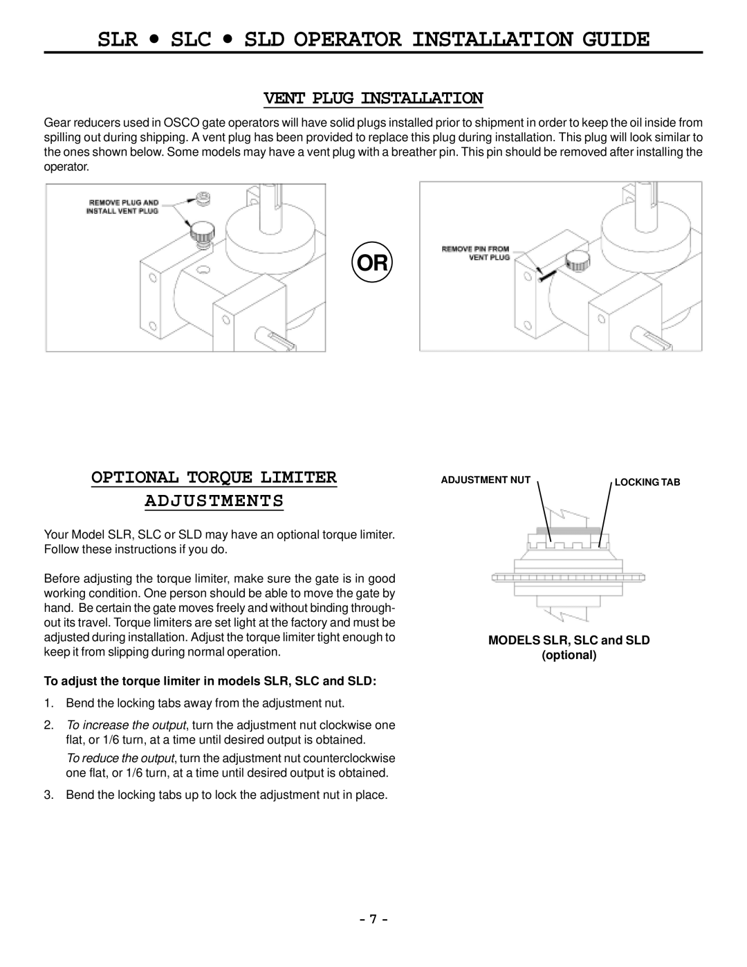 Cosco manual Vent Plug Installation, Optional Torque Limiter Adjustments, Models SLR, SLC and SLD Optional 