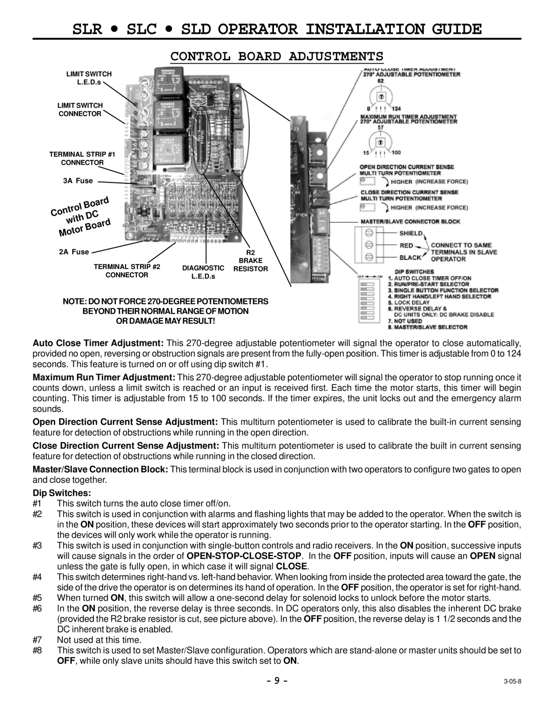 Cosco SLR, SLD, SLC manual Control Board Adjustments, Board Control With Motor, Dip Switches 