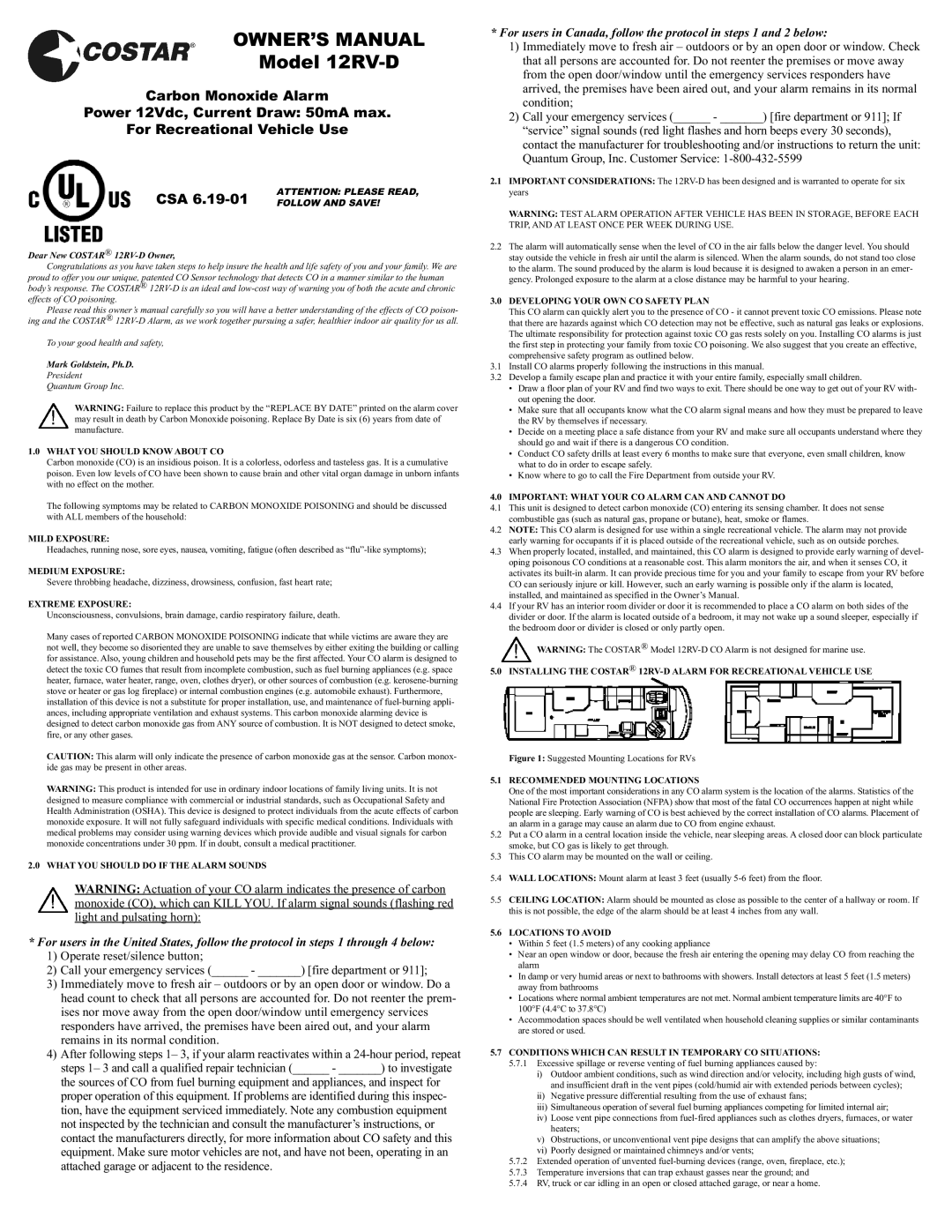 Costar 12RV-D owner manual What YOU should Know about CO, Mild Exposure, Medium Exposure, Extreme Exposure 